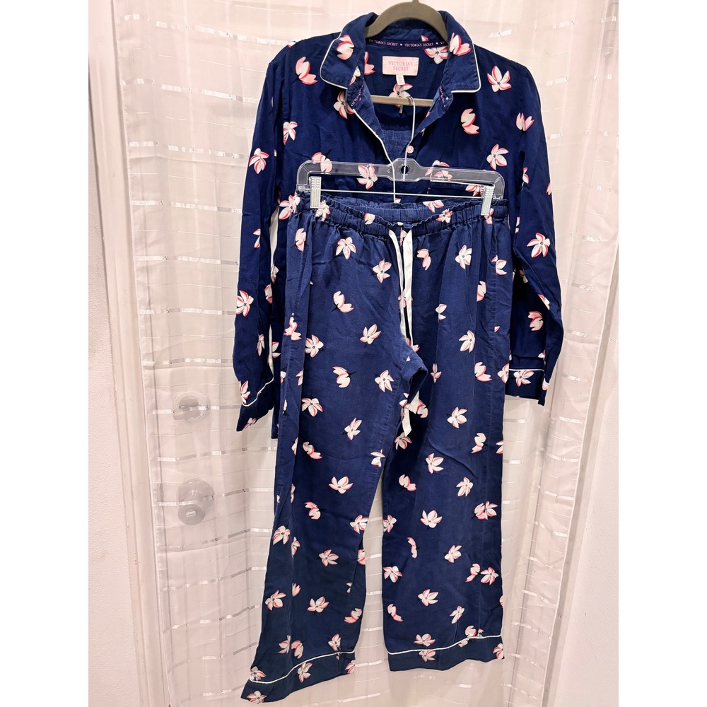 Victorias Secret Flannel Pajama Set Navy Blue Pink Floral Cotton 2 Piece Medium